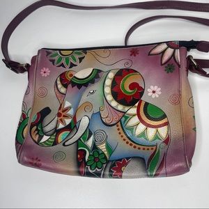 Anna Anuschka Women's Genuine Leather Crossbody Hand-Painted Elephant Pre Owned